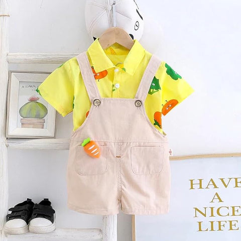 Kids Veggie Print Shirt & Dungaree Set With Cartoon Brooch