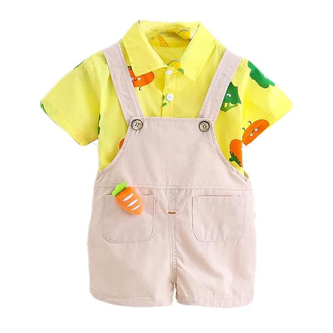 Kids Veggie Print Shirt & Dungaree Set With Cartoon Brooch