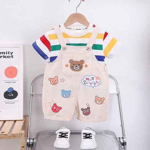 Kids Bear Print T-shirt & Dungaree Shorts Set