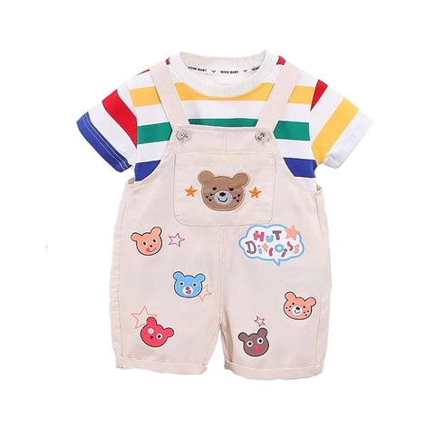 Kids Bear Print T-shirt & Dungaree Shorts Set