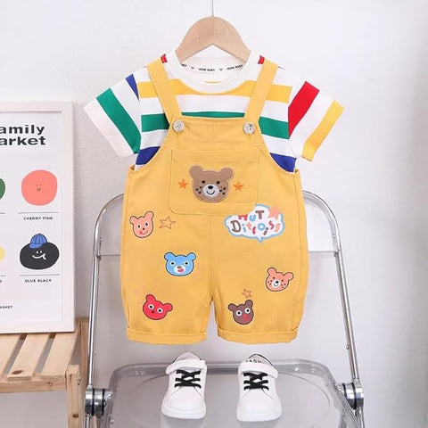 Kids Bear Print T-shirt & Dungaree Shorts Set
