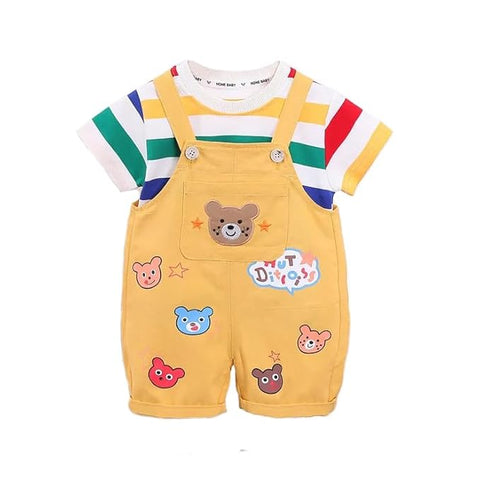 Kids Bear Print T-shirt & Dungaree Shorts Set