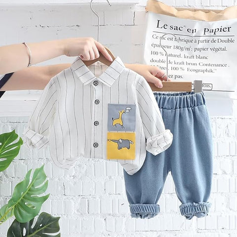 Boy's Cotton Full Sleeve Embroidered Shirt and Khaki Trouser Pant Set for Kids