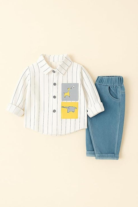 Boy's Cotton Full Sleeve Embroidered Shirt and Khaki Trouser Pant Set for Kids