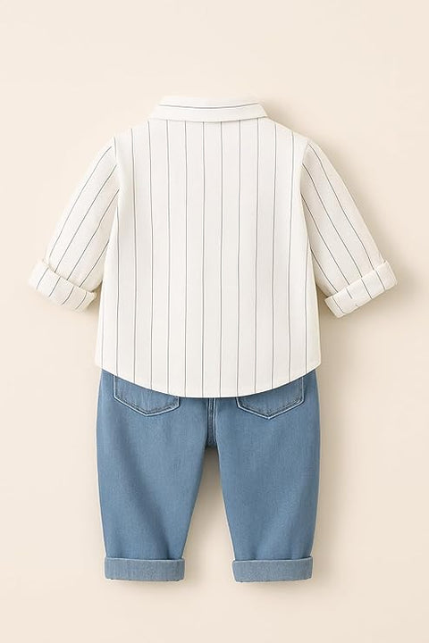 Boy's Cotton Full Sleeve Embroidered Shirt and Khaki Trouser Pant Set for Kids