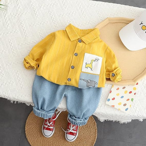 Boy's Cotton Full Sleeve Embroidered Shirt and Khaki Trouser Pant Set for Kids