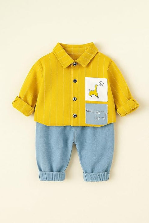 Boy's Cotton Full Sleeve Embroidered Shirt and Khaki Trouser Pant Set for Kids