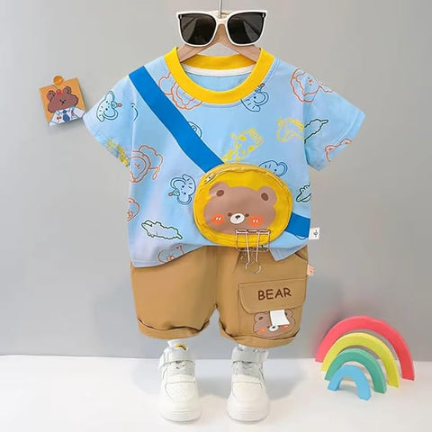 Boys Bear Print 3D Pouch T-shirt & Short Set
