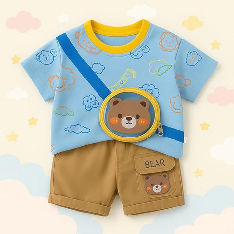 Boys Bear Print 3D Pouch T-shirt & Short Set