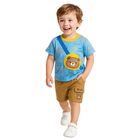 Boys Bear Print 3D Pouch T-shirt & Short Set
