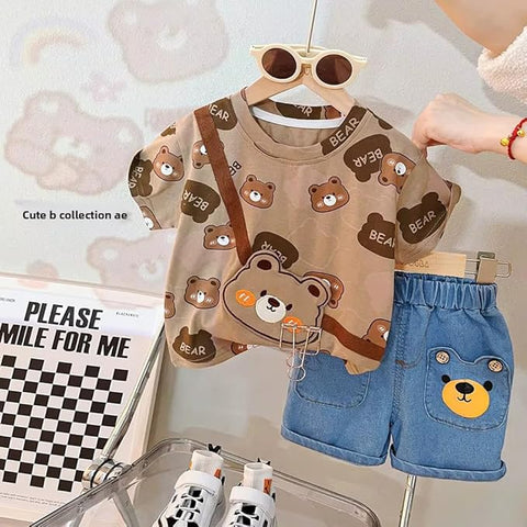 Boys Bear Print T-shirt & Denim Short Set