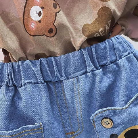 Boys Bear Print T-shirt & Denim Short Set