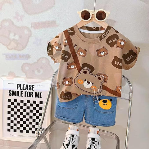 Boys Bear Print T-shirt & Denim Short Set