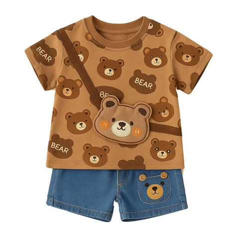 Boys Bear Print T-shirt & Denim Short Set
