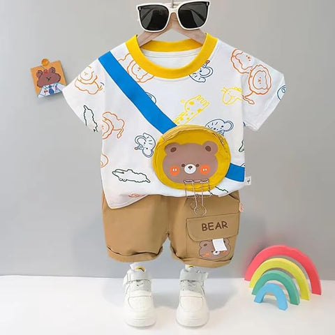 Boys Bear Print 3D Pouch T-shirt & Short Set
