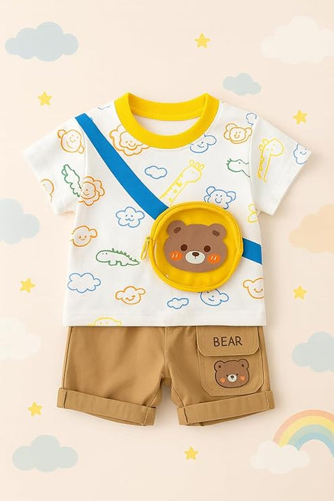 Boys Bear Print 3D Pouch T-shirt & Short Set