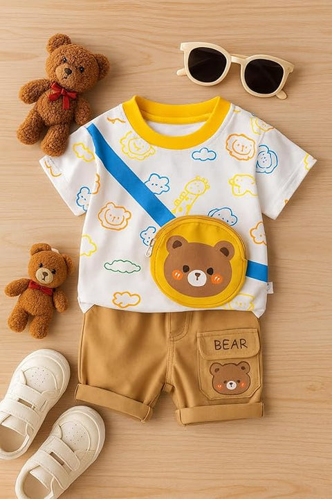 Boys Bear Print 3D Pouch T-shirt & Short Set
