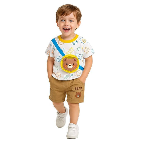 Boys Bear Print 3D Pouch T-shirt & Short Set