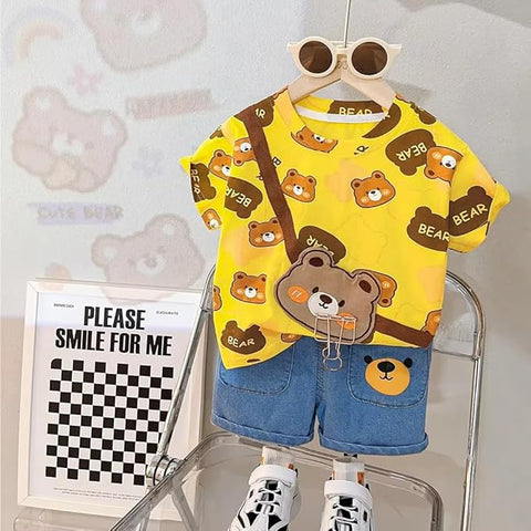Boys Bear Print T-shirt & Denim Short Set