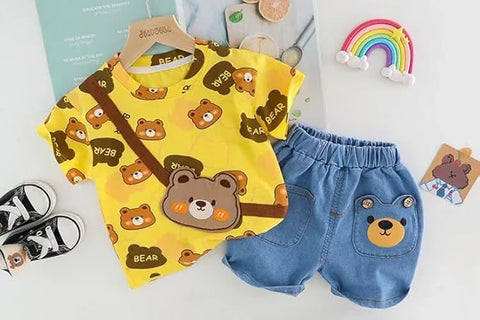 Boys Bear Print T-shirt & Denim Short Set