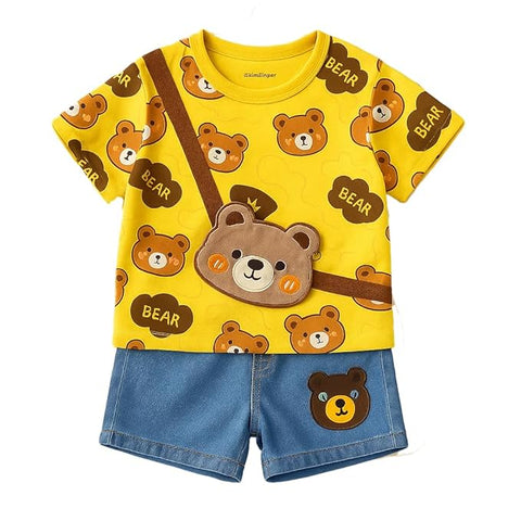 Boys Bear Print T-shirt & Denim Short Set