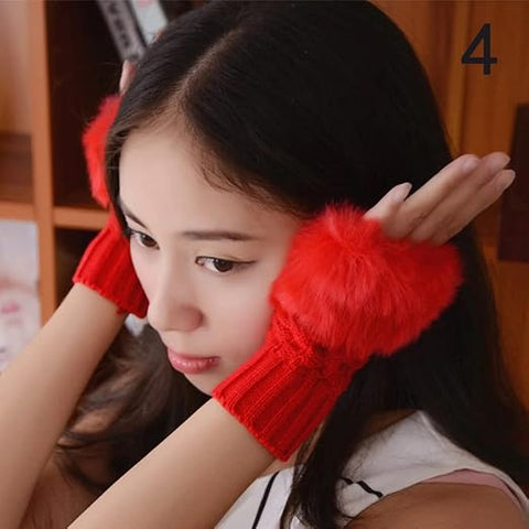 Faux Fur and Wool Knitted Winter Thermal Warm Fingerless Gloves Winter Accessories Hand Warmer