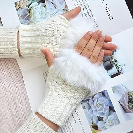 Faux Fur and Wool Knitted Winter Thermal Warm Fingerless Gloves Winter Accessories Hand Warmer