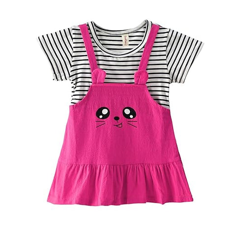 Girls Cartoon Face Print Striped Pinafore Dress