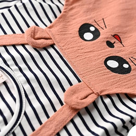 Girls Cartoon Face Print Striped Pinafore Dress