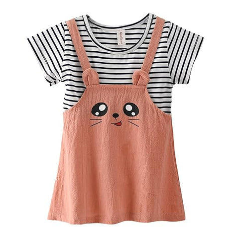 Girls Cartoon Face Print Striped Pinafore Dress