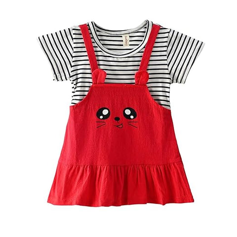 Girls Cartoon Face Print Striped Pinafore Dress