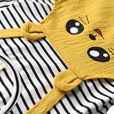 Girls Cartoon Face Print Striped Pinafore Dress