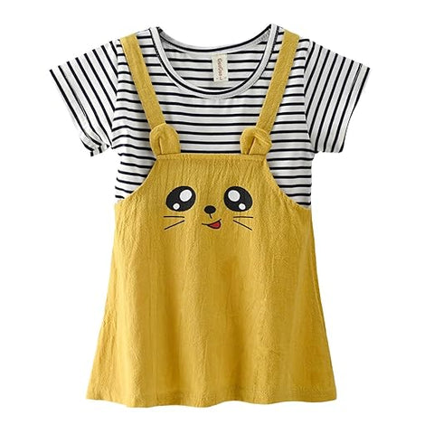 Girls Cartoon Face Print Striped Pinafore Dress