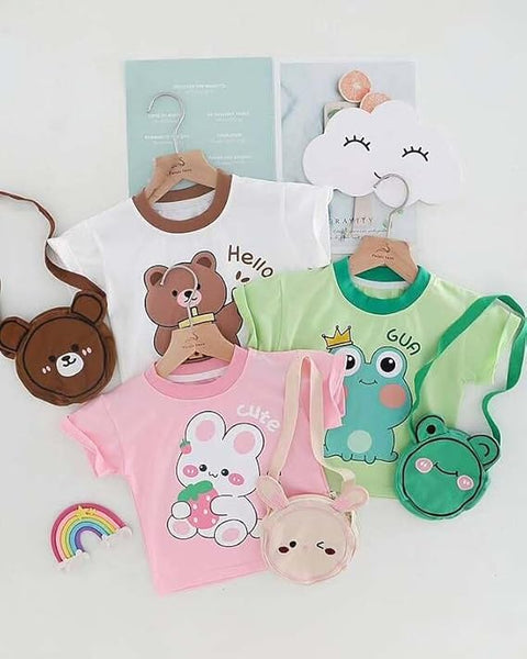 Kids Cartoon Print T-shirt & Short Set With Matching Sling Bag
