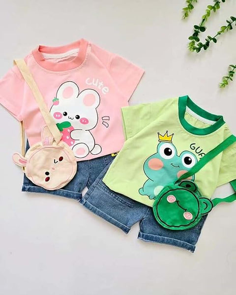 Kids Cartoon Print T-shirt & Short Set With Matching Sling Bag