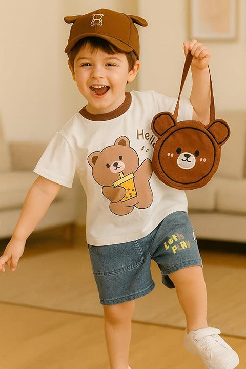 Kids Cartoon Print T-shirt & Short Set With Matching Sling Bag