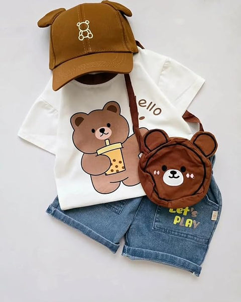 Kids Cartoon Print T-shirt & Short Set With Matching Sling Bag
