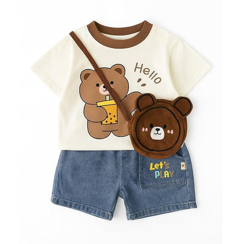 Kids Cartoon Print T-shirt & Short Set With Matching Sling Bag
