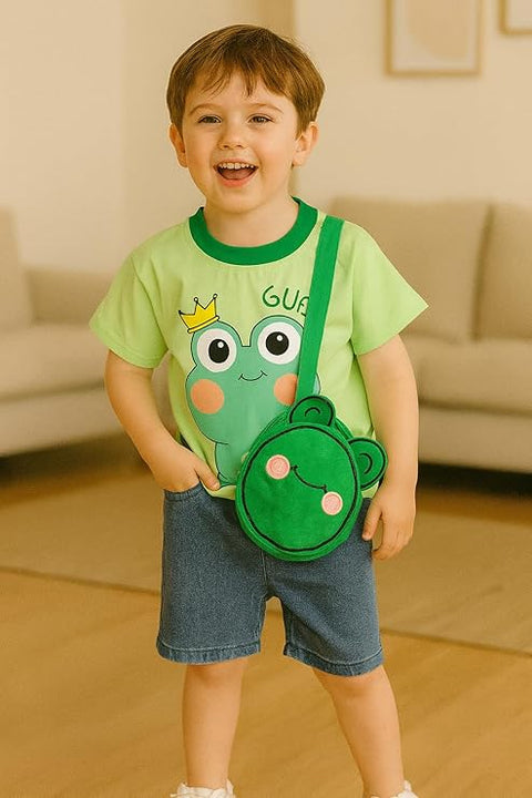 Kids Cartoon Print T-shirt & Short Set With Matching Sling Bag
