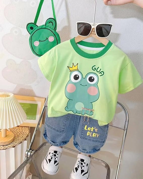 Kids Cartoon Print T-shirt & Short Set With Matching Sling Bag