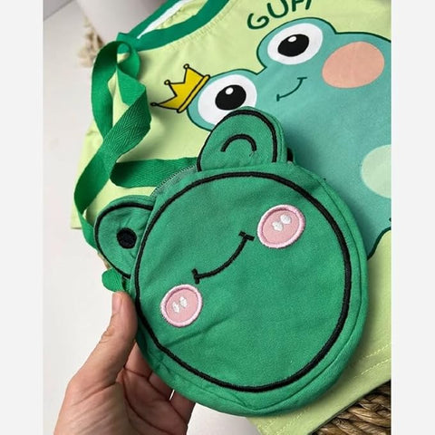 Kids Cartoon Print T-shirt & Short Set With Matching Sling Bag