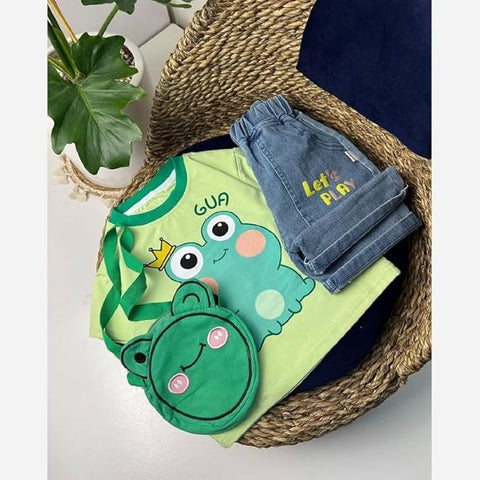 Kids Cartoon Print T-shirt & Short Set With Matching Sling Bag