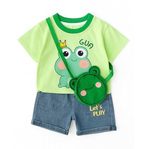 Kids Cartoon Print T-shirt & Short Set With Matching Sling Bag