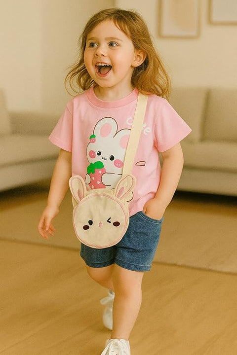 Kids Cartoon Print T-shirt & Short Set With Matching Sling Bag