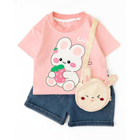 Kids Cartoon Print T-shirt & Short Set With Matching Sling Bag
