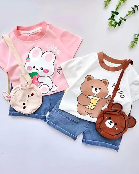 Kids Cartoon Print T-shirt & Short Set With Matching Sling Bag
