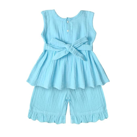 Baby Girl Cotton Linen Muslin Sleeveless Bow Top and Shorts Summer Clothing Set
