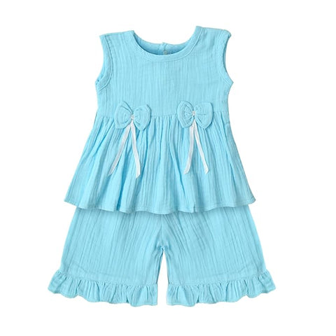 Baby Girl Cotton Linen Muslin Sleeveless Bow Top and Shorts Summer Clothing Set