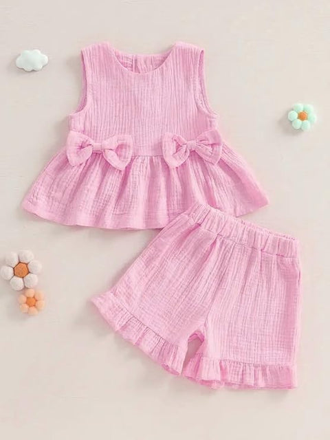 Baby Girl Cotton Linen Muslin Sleeveless Bow Top and Shorts Summer Clothing Set
