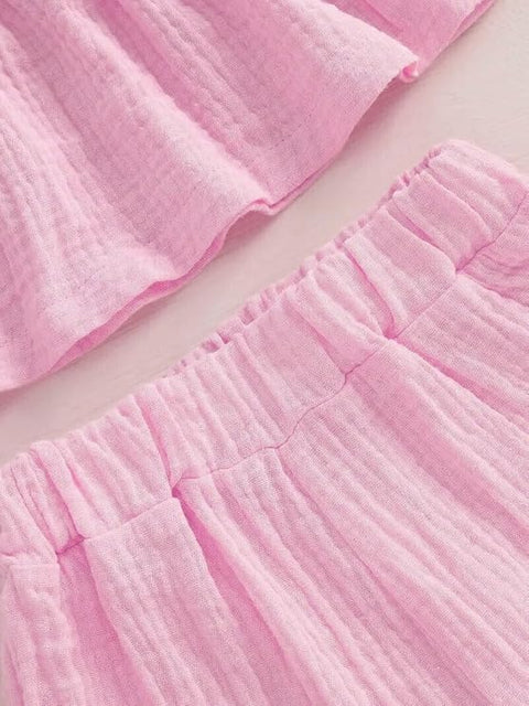 Baby Girl Cotton Linen Muslin Sleeveless Bow Top and Shorts Summer Clothing Set